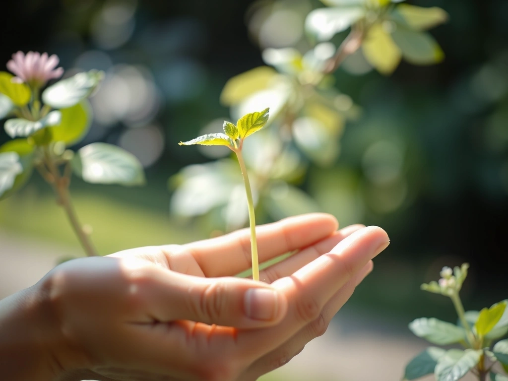 Mână care ține o plantă verde, simbolizând puritatea și natura