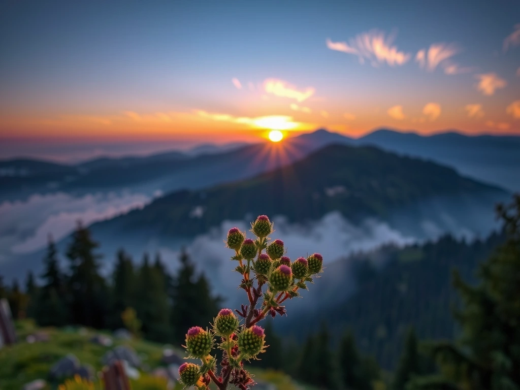 Peisaj montan din Carpați, cu plante medicinale în prim plan