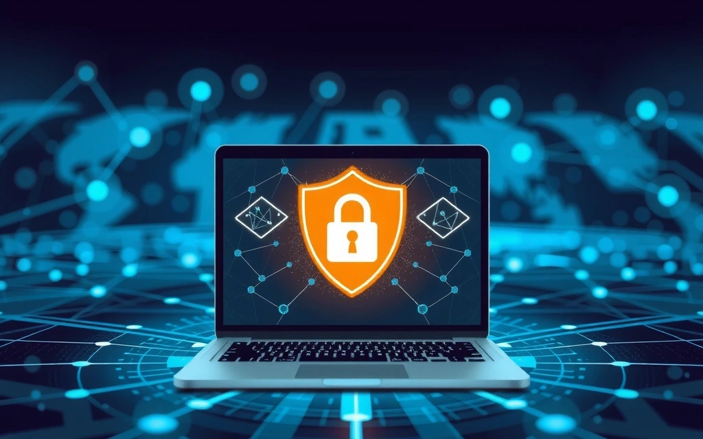 Ilustrație cu un computer și simboluri de criptare a datelor