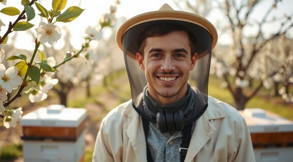 Imagine cu un apicultor zâmbitor într-o livadă însorită, simbolizând ajutor și accesibilitate.